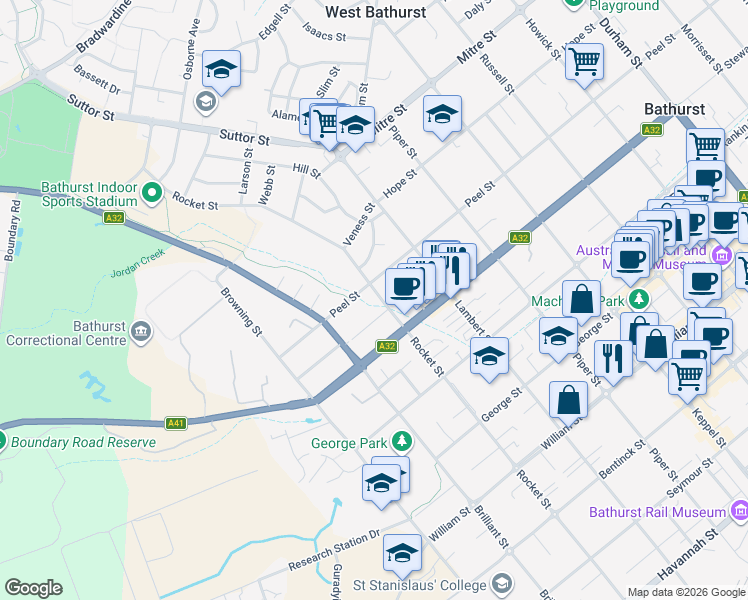 map of restaurants, bars, coffee shops, grocery stores, and more near 262 Rocket Street in Bathurst