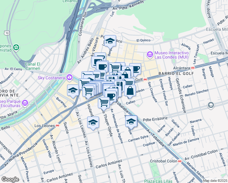 map of restaurants, bars, coffee shops, grocery stores, and more near 2827 Avenida Apoquindo in Las Condes
