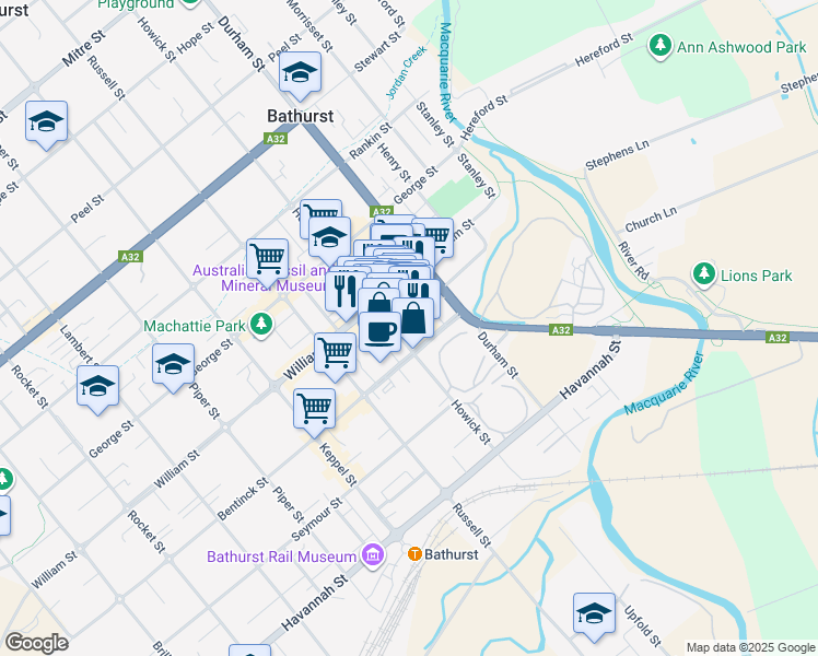 map of restaurants, bars, coffee shops, grocery stores, and more near 123 Howick Street in Bathurst