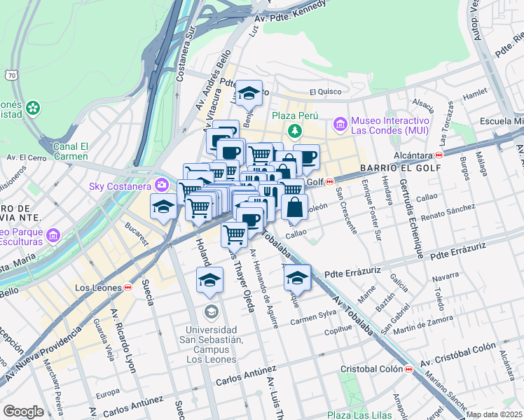 map of restaurants, bars, coffee shops, grocery stores, and more near 2827 Avenida Apoquindo in Las Condes
