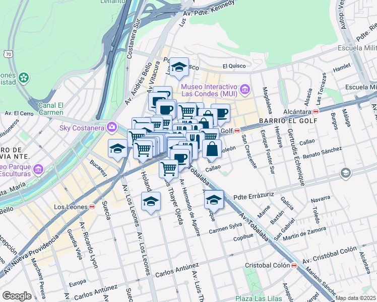 map of restaurants, bars, coffee shops, grocery stores, and more near 2827 Avenida Apoquindo in Las Condes