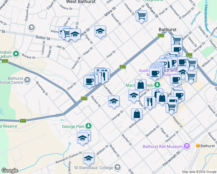 map of restaurants, bars, coffee shops, grocery stores, and more near 237 Lambert Street in Bathurst