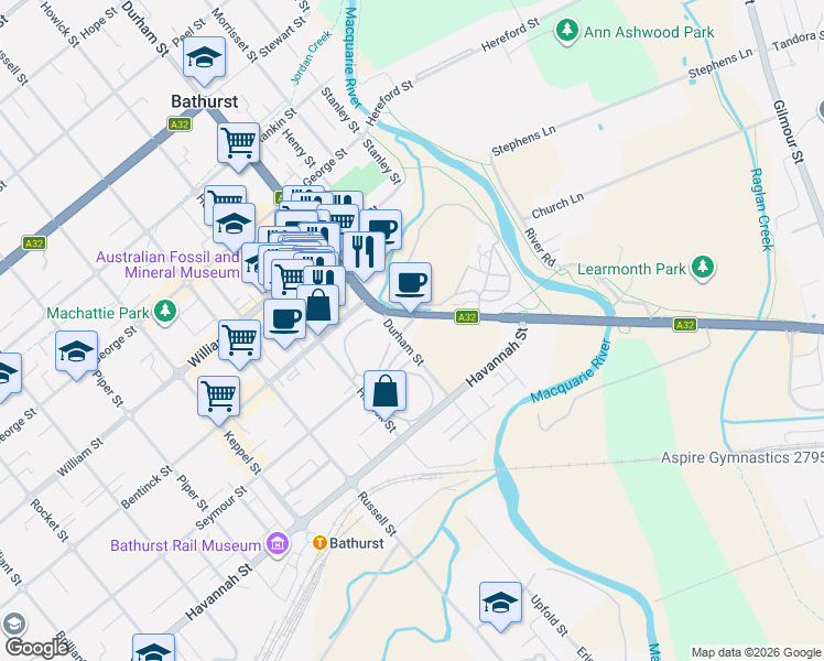 map of restaurants, bars, coffee shops, grocery stores, and more near 1 Kendall Avenue in Bathurst