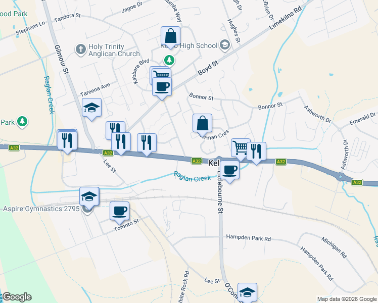 map of restaurants, bars, coffee shops, grocery stores, and more near 1A View Street in Kelso