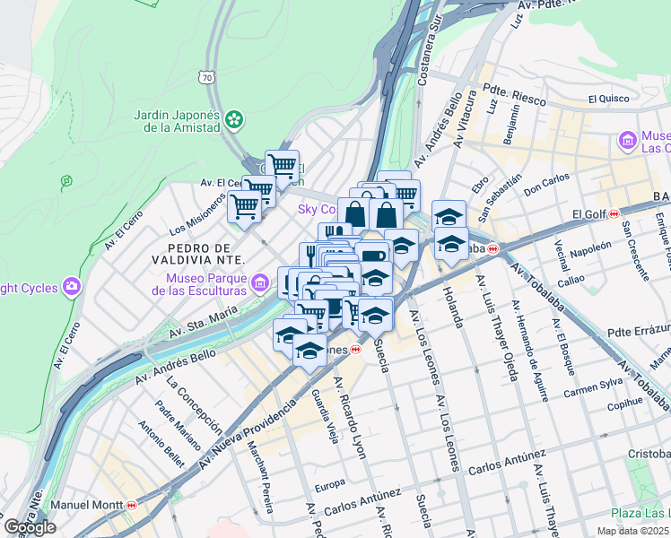 map of restaurants, bars, coffee shops, grocery stores, and more near 2325 Avenida Andrés Bello in Providencia