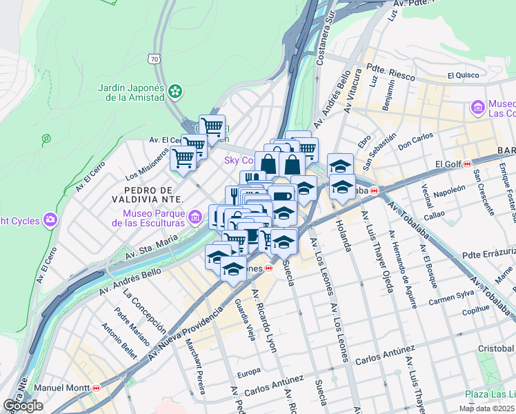map of restaurants, bars, coffee shops, grocery stores, and more near 2325 Avenida Andrés Bello in Providencia