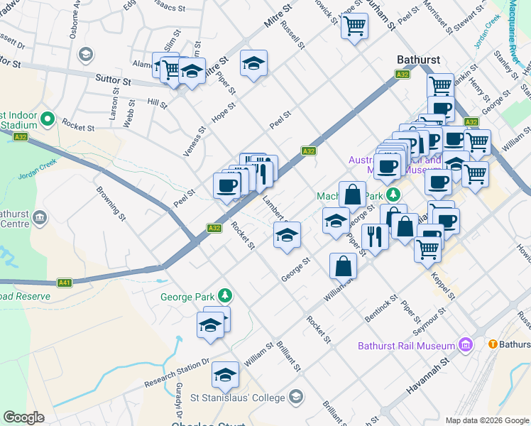 map of restaurants, bars, coffee shops, grocery stores, and more near 186 Lambert Street in Bathurst