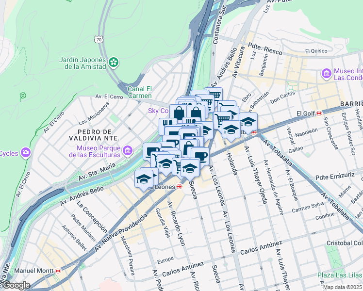 map of restaurants, bars, coffee shops, grocery stores, and more near 150 Bucarest in Providencia