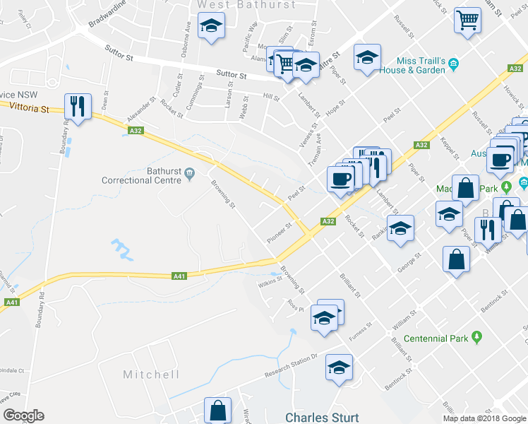 map of restaurants, bars, coffee shops, grocery stores, and more near 277 Peel Street in Mitchell