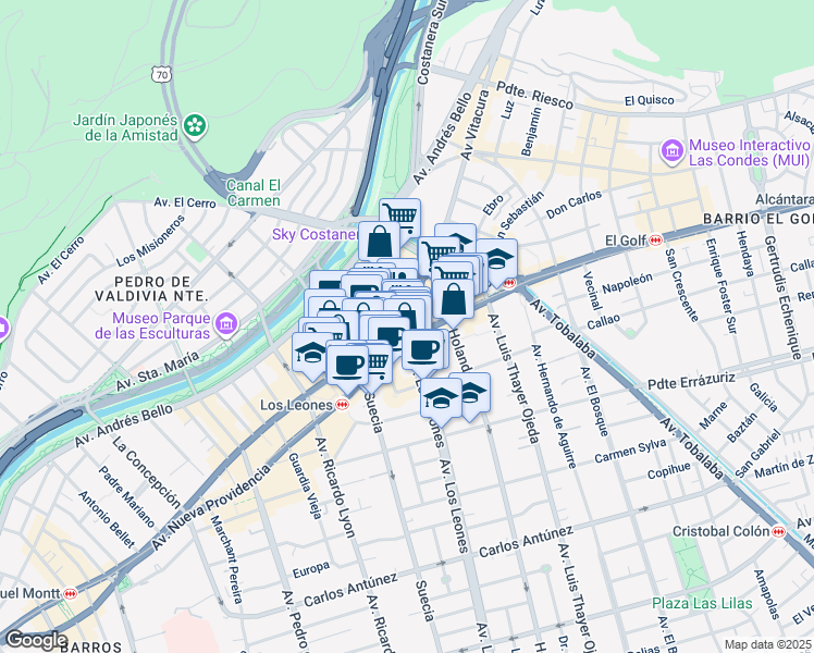 map of restaurants, bars, coffee shops, grocery stores, and more near 13 Avenida Vitacura in Providencia