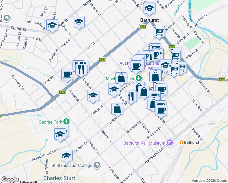 map of restaurants, bars, coffee shops, grocery stores, and more near 162 Piper Street in Bathurst