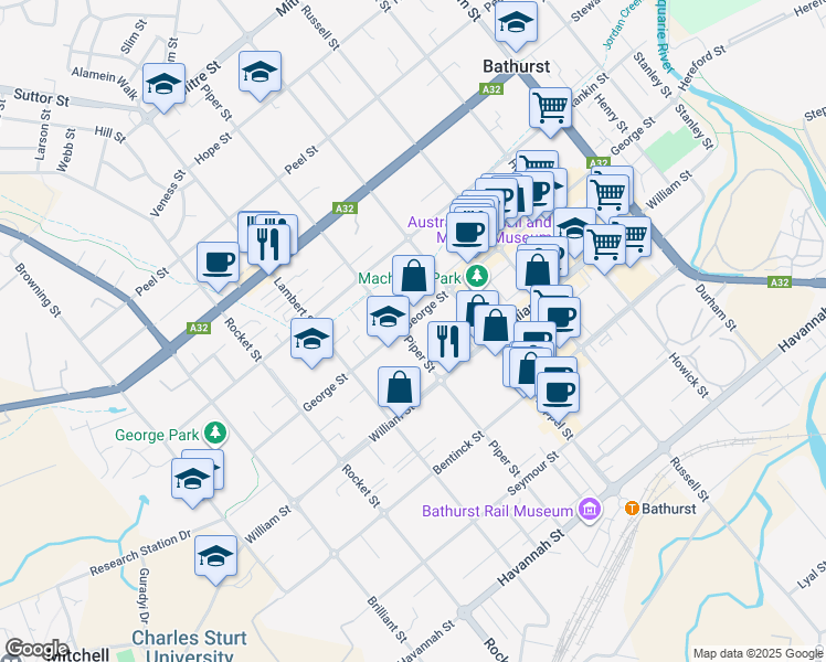 map of restaurants, bars, coffee shops, grocery stores, and more near 110 George Street in Bathurst