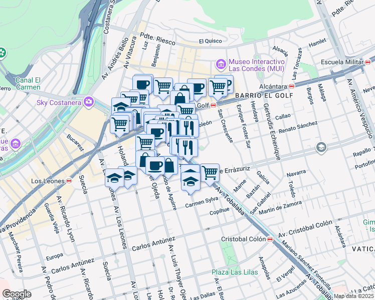 map of restaurants, bars, coffee shops, grocery stores, and more near 310 Mariano Sánchez Fontecilla in Las Condes