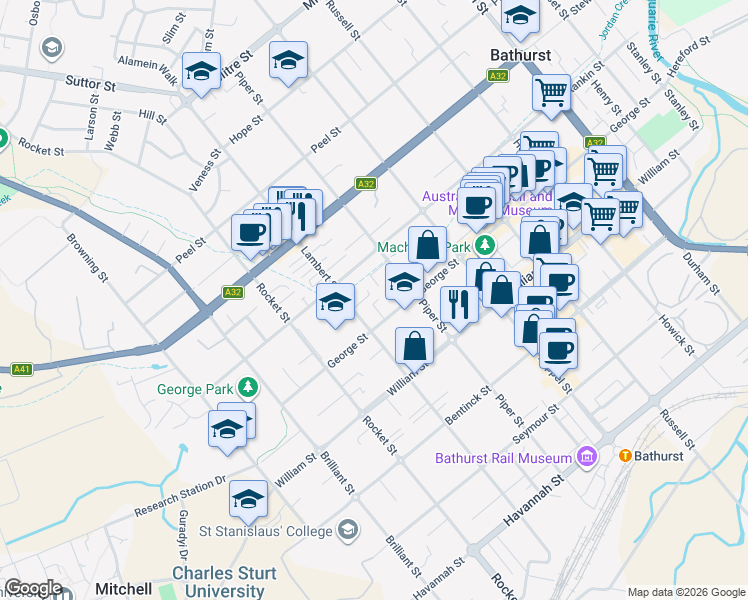 map of restaurants, bars, coffee shops, grocery stores, and more near 267A George Street in Bathurst