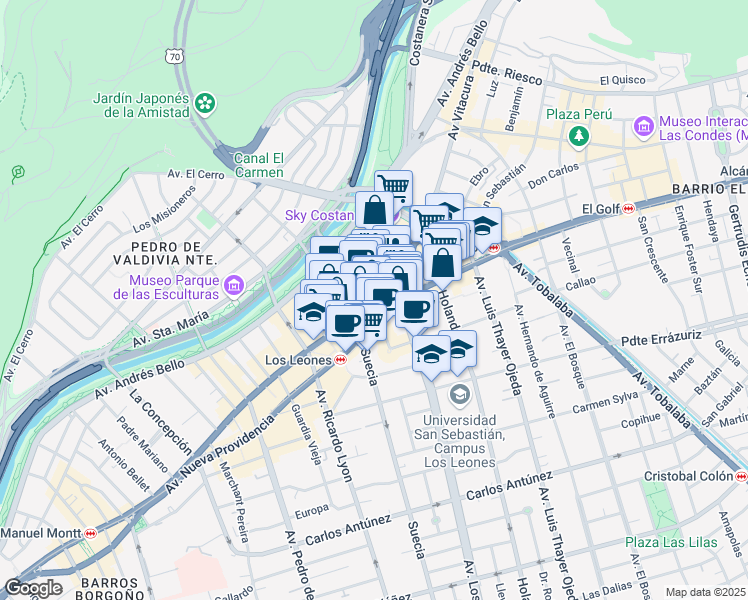 map of restaurants, bars, coffee shops, grocery stores, and more near 13 Bucarest in Providencia