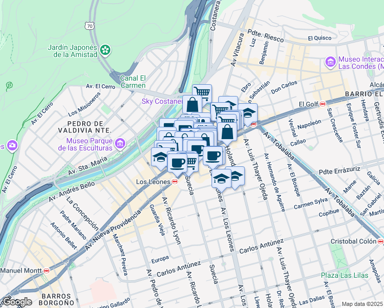 map of restaurants, bars, coffee shops, grocery stores, and more near 13 Bucarest in Providencia