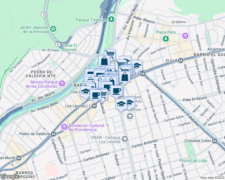 map of restaurants, bars, coffee shops, grocery stores, and more near Avenida Nueva Providencia in Providencia