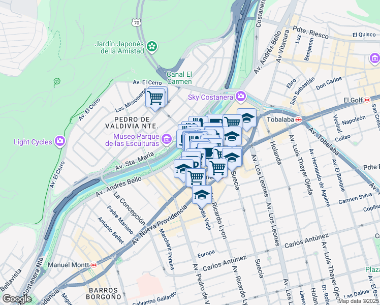 map of restaurants, bars, coffee shops, grocery stores, and more near 145 Nva de Lyon in Santiago