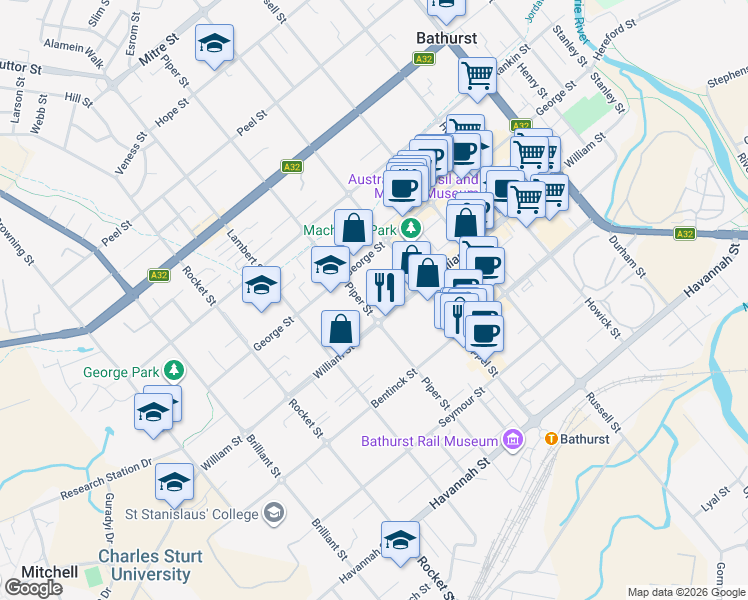 map of restaurants, bars, coffee shops, grocery stores, and more near 127 Piper Street in Bathurst