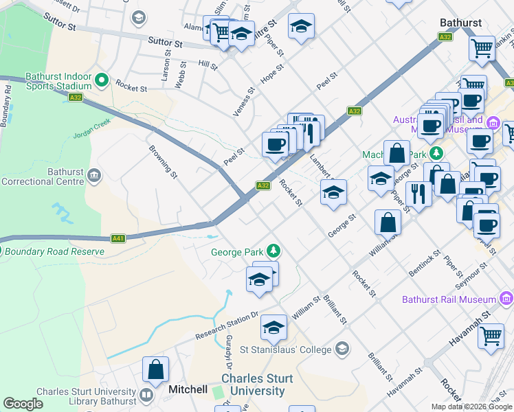 map of restaurants, bars, coffee shops, grocery stores, and more near 271 Brilliant Street in Bathurst