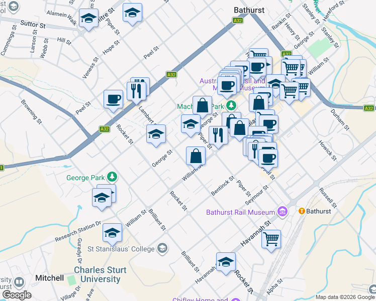 map of restaurants, bars, coffee shops, grocery stores, and more near 151 Lambert Street in Bathurst