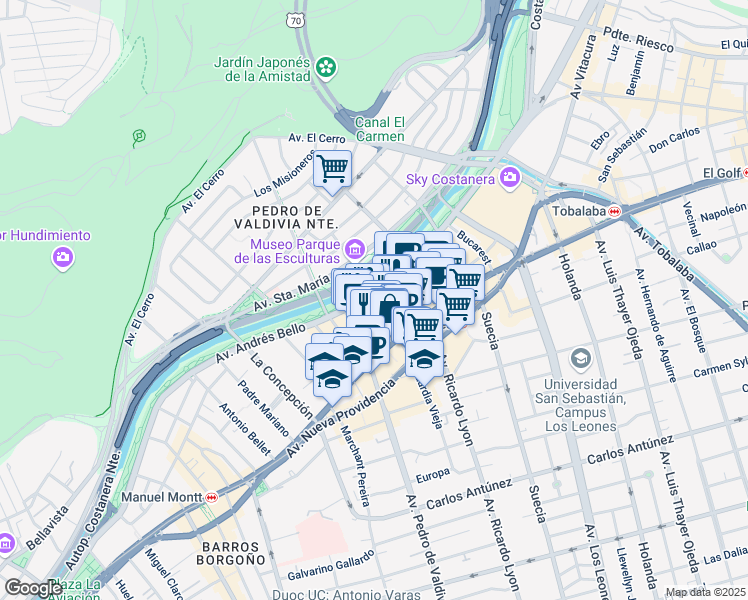 map of restaurants, bars, coffee shops, grocery stores, and more near 2115 Avenida Andrés Bello in Providencia