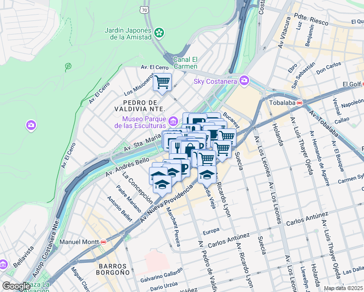 map of restaurants, bars, coffee shops, grocery stores, and more near 2115 Avenida Andrés Bello in Providencia