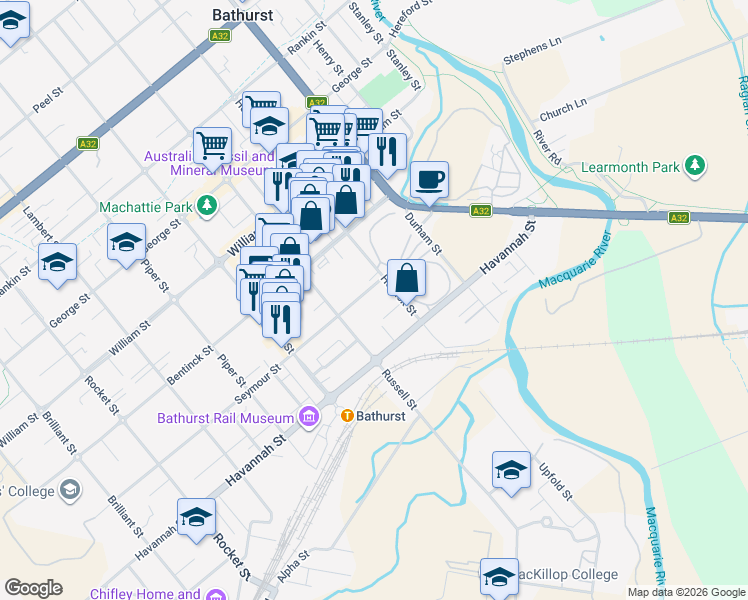 map of restaurants, bars, coffee shops, grocery stores, and more near 14 Seymour Street in Bathurst