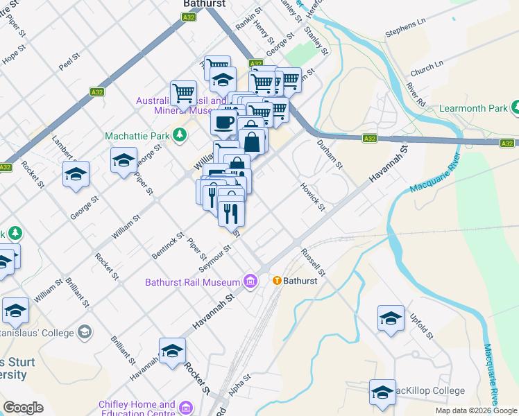 map of restaurants, bars, coffee shops, grocery stores, and more near 88 Russell Street in Bathurst