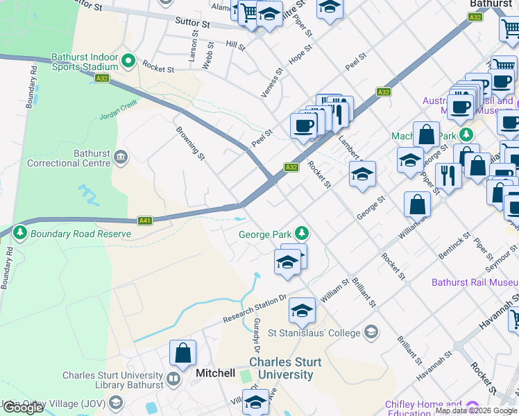 map of restaurants, bars, coffee shops, grocery stores, and more near 356 Stewart Street in Mitchell