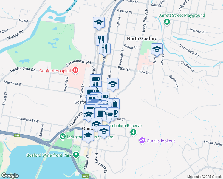 map of restaurants, bars, coffee shops, grocery stores, and more near 12 Bent Street in Gosford
