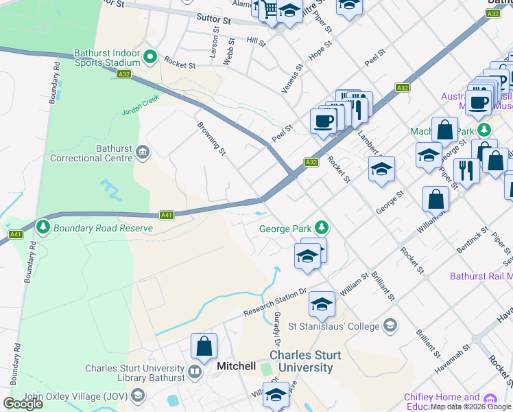 map of restaurants, bars, coffee shops, grocery stores, and more near 366 Stewart Street in Mitchell