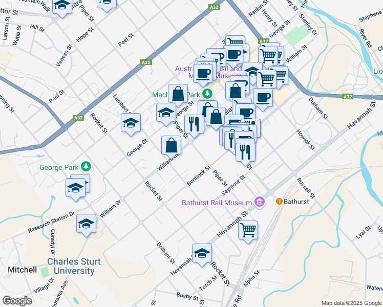 map of restaurants, bars, coffee shops, grocery stores, and more near 112 Piper Street in Bathurst