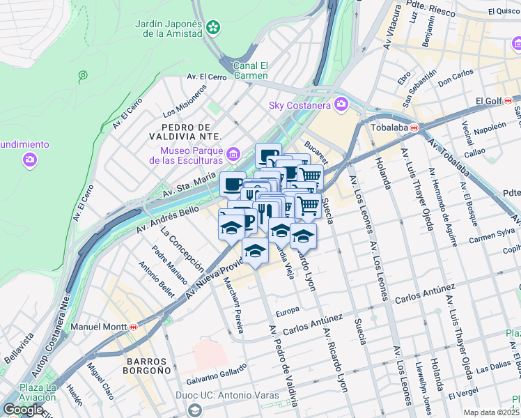 map of restaurants, bars, coffee shops, grocery stores, and more near 2124 Avenida Providencia in Providencia
