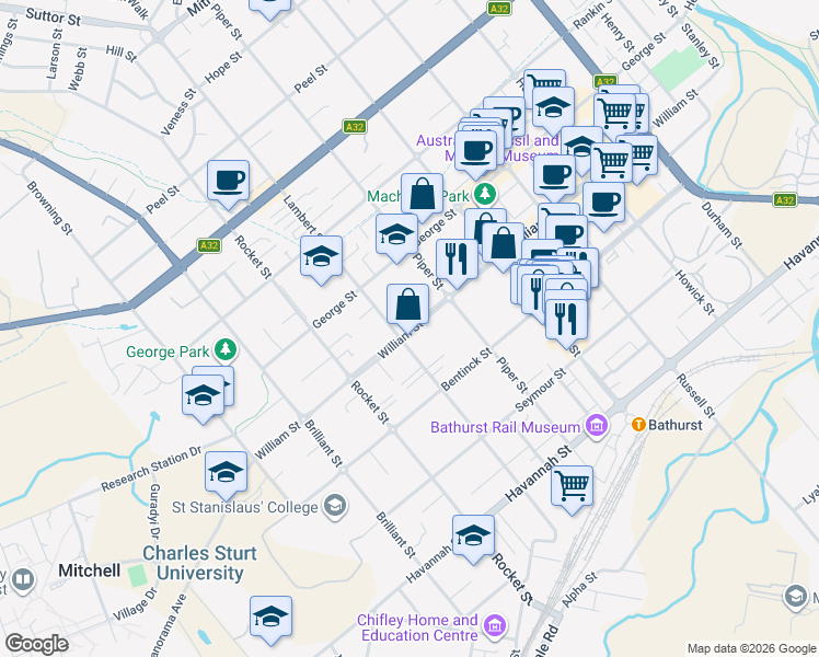map of restaurants, bars, coffee shops, grocery stores, and more near 155 William Street in Bathurst
