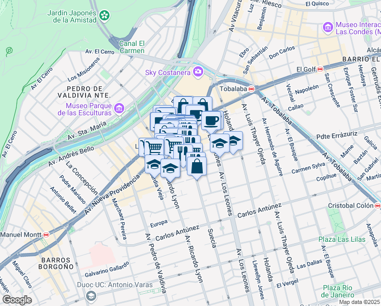 map of restaurants, bars, coffee shops, grocery stores, and more near 200 Suecia in Santiago