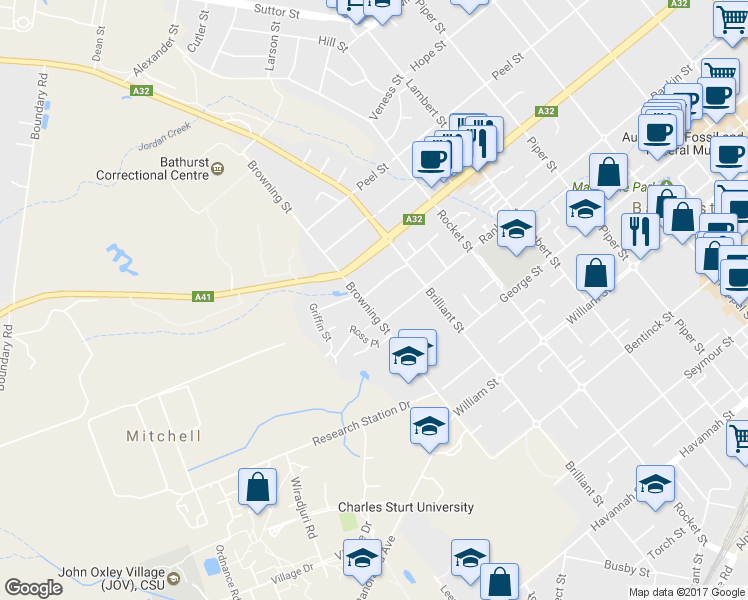 map of restaurants, bars, coffee shops, grocery stores, and more near 197A Browning Street in Mitchell