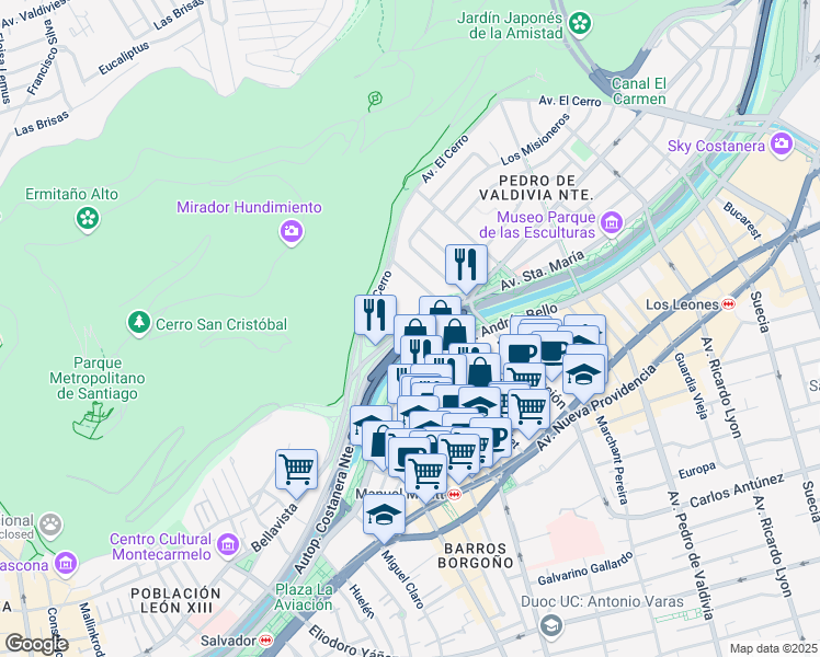 map of restaurants, bars, coffee shops, grocery stores, and more near 1726 Los Conquistadores in Santiago