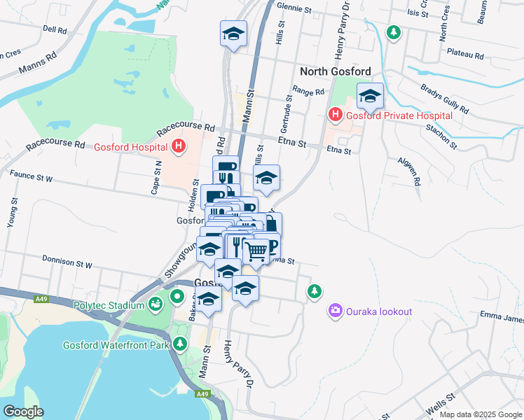 map of restaurants, bars, coffee shops, grocery stores, and more near 142 Faunce Street in Gosford