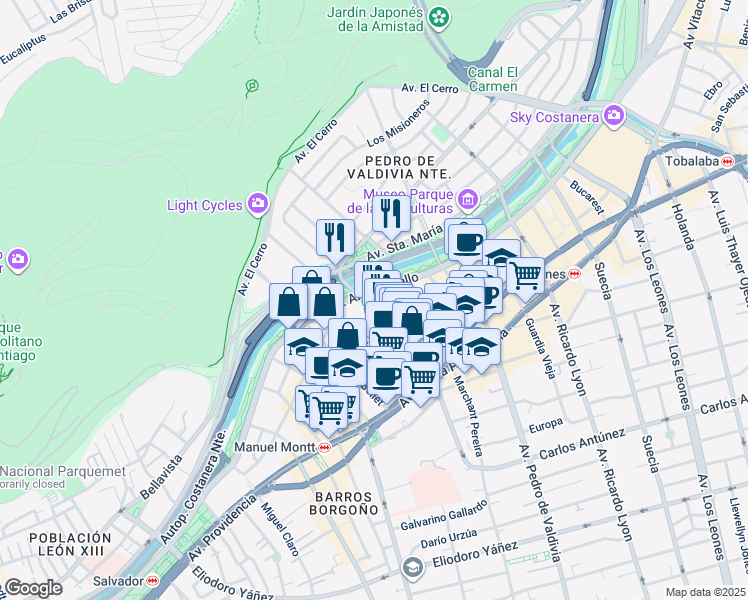 map of restaurants, bars, coffee shops, grocery stores, and more near 1857 Avenida Andrés Bello in Providencia