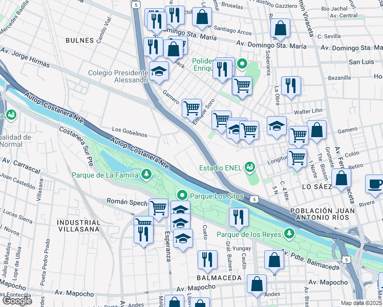 map of restaurants, bars, coffee shops, grocery stores, and more near 550 Avenida Presidente Eduardo Frei Montalva in Renca