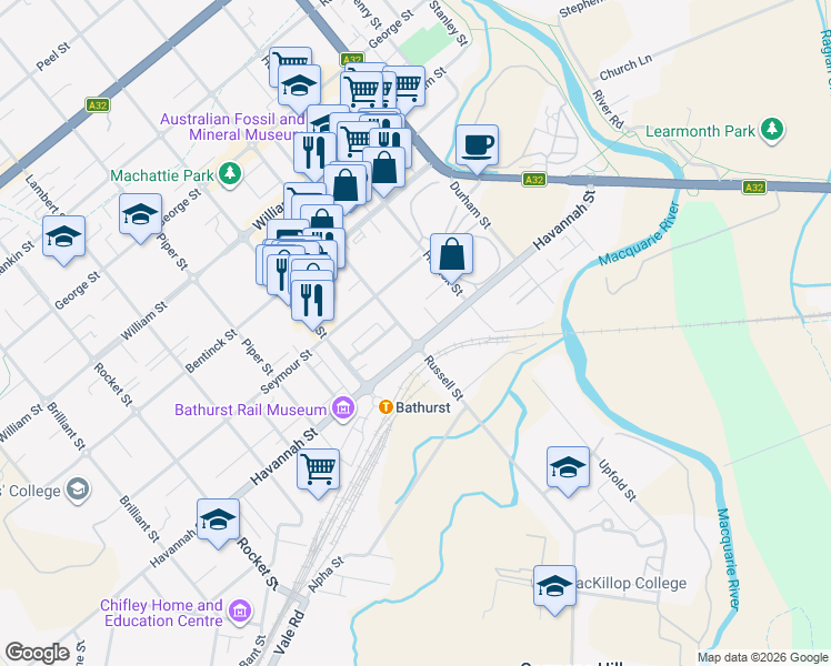 map of restaurants, bars, coffee shops, grocery stores, and more near 115 Russell Street in Bathurst