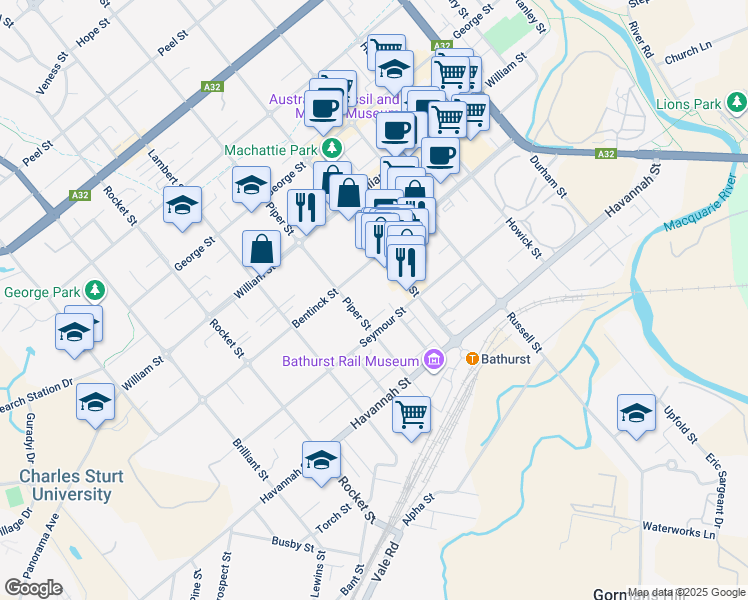 map of restaurants, bars, coffee shops, grocery stores, and more near 55 Piper Street in Bathurst
