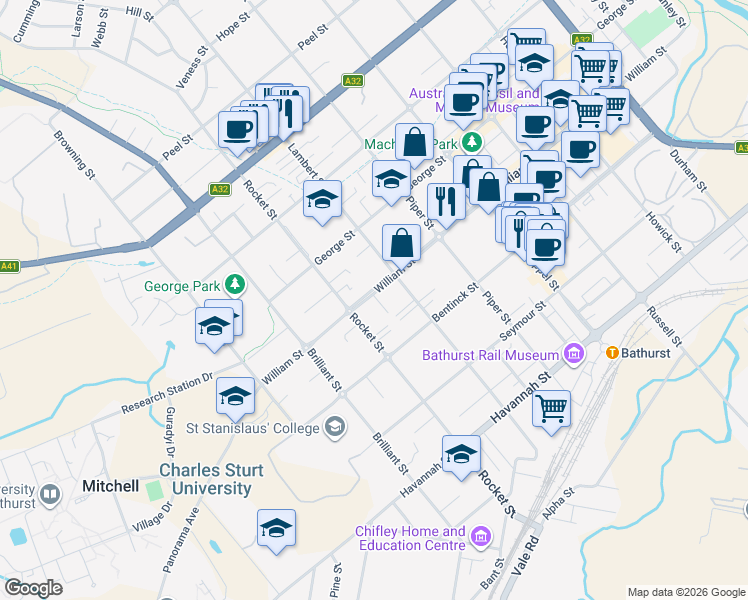 map of restaurants, bars, coffee shops, grocery stores, and more near 238 William Street in Bathurst