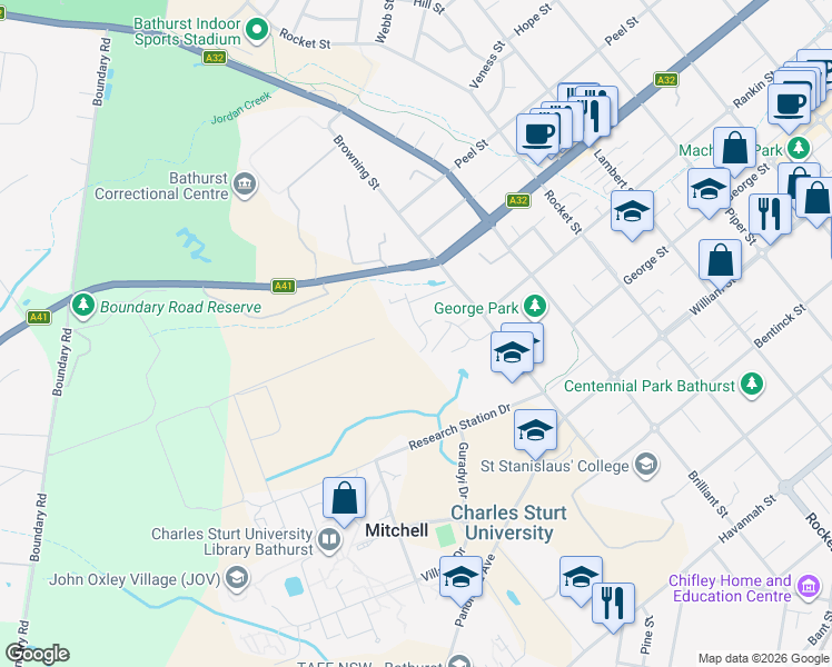 map of restaurants, bars, coffee shops, grocery stores, and more near 31 Griffin Street in Mitchell