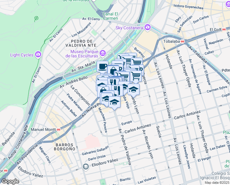 map of restaurants, bars, coffee shops, grocery stores, and more near Avenida Nueva Providencia in Providencia