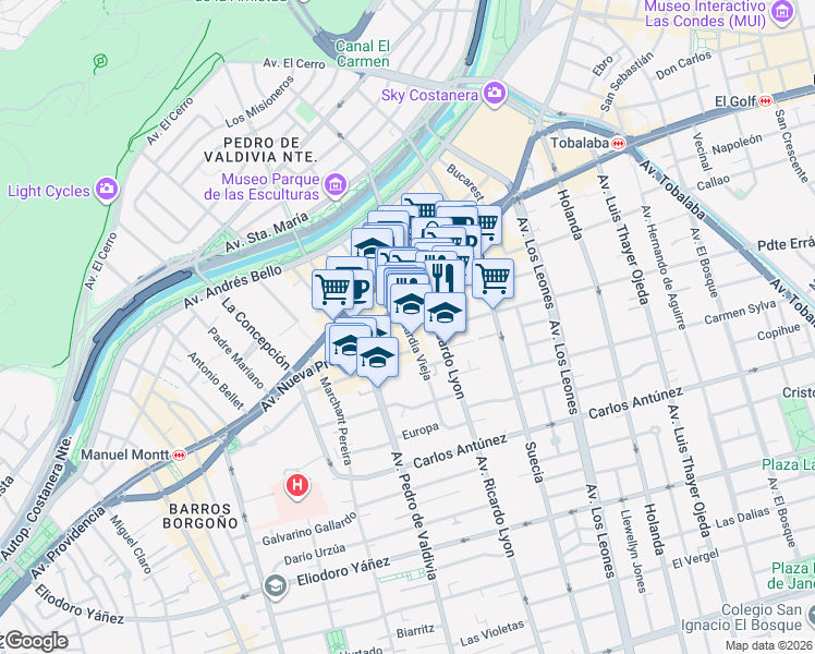 map of restaurants, bars, coffee shops, grocery stores, and more near 188 Guardia Vieja in Santiago