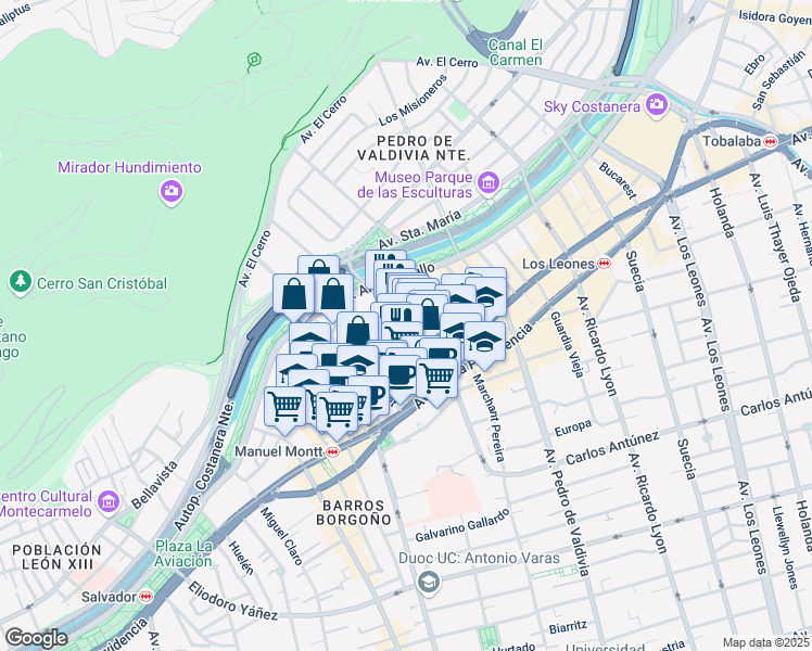 map of restaurants, bars, coffee shops, grocery stores, and more near 191 La Concepción in Santiago