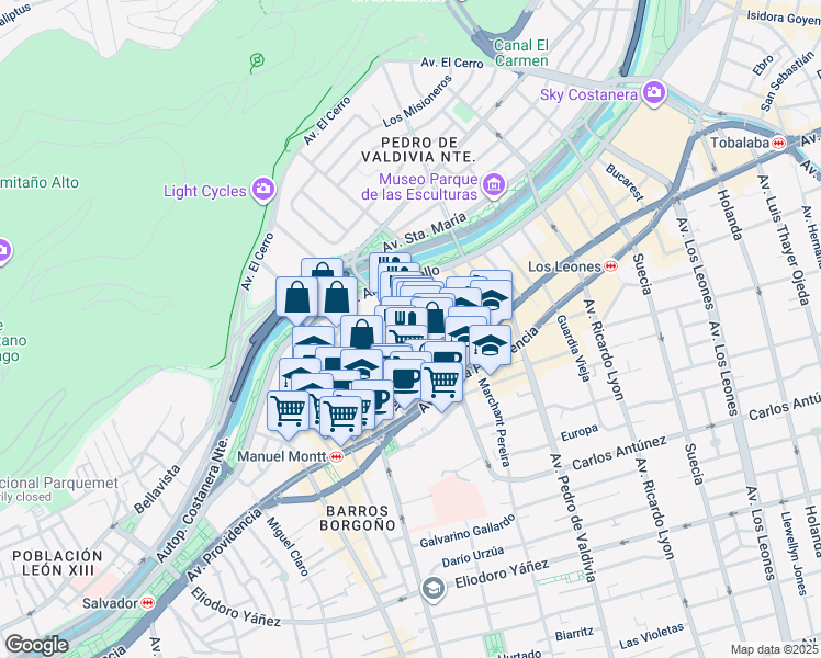 map of restaurants, bars, coffee shops, grocery stores, and more near 191 La Concepción in Santiago
