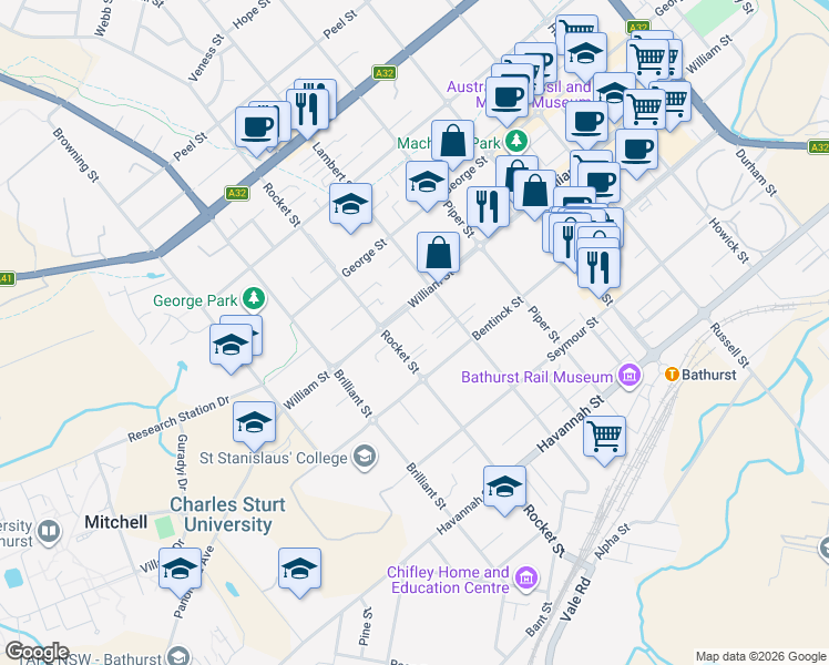 map of restaurants, bars, coffee shops, grocery stores, and more near 4-6 Prince Edward Street in Bathurst